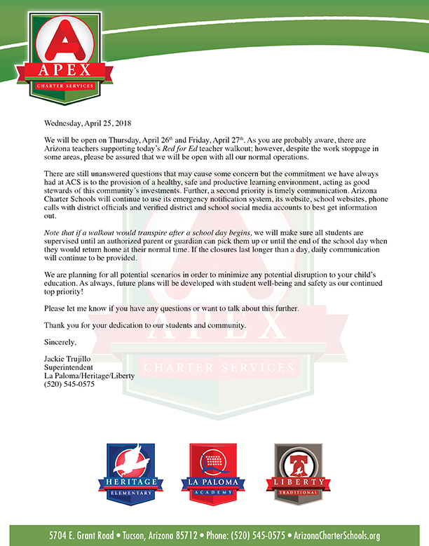 Red for Ed Letter from Superintendent Jackie Trujillo
